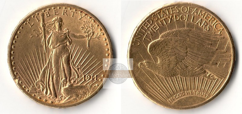 USA MM-Frankfurt Feingewicht: 30,09g Gold 20 Dollar 1911 D ss