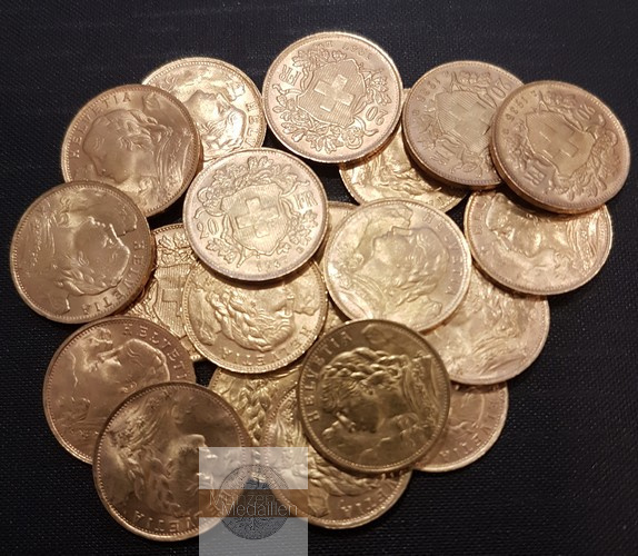 Schweiz MM-Frankfurt Feingewicht: 116,2 g Gold 20 x 20SFR (Vreneli) verschiedene 