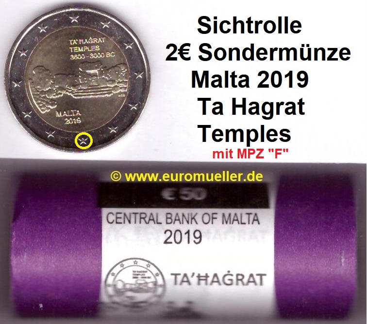 Malta Rolle...2 Euro Gedenkmünze 2019...Ta Hagrat...mit MPZ F   