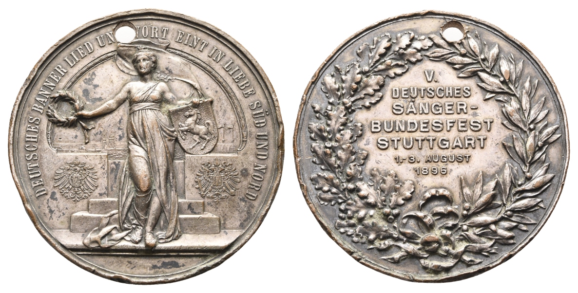  Stuttgard, Medaille 1896; Kupfer versilbert, Henkelspur u. gelocht, 87,45 g, Ø 60,1 mm   