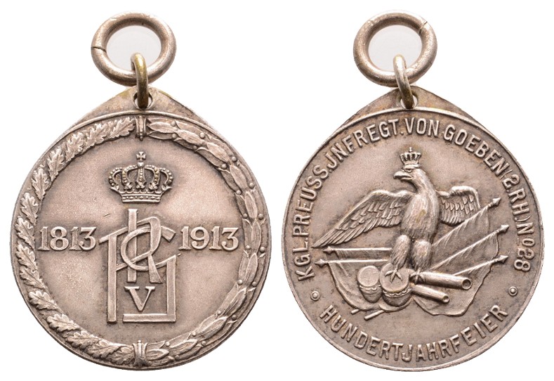  Linnartz Preussen, Tragbare versilb. Medaille 1913, 100 Jahrfeier Infantriereg. von Goeben, vz   
