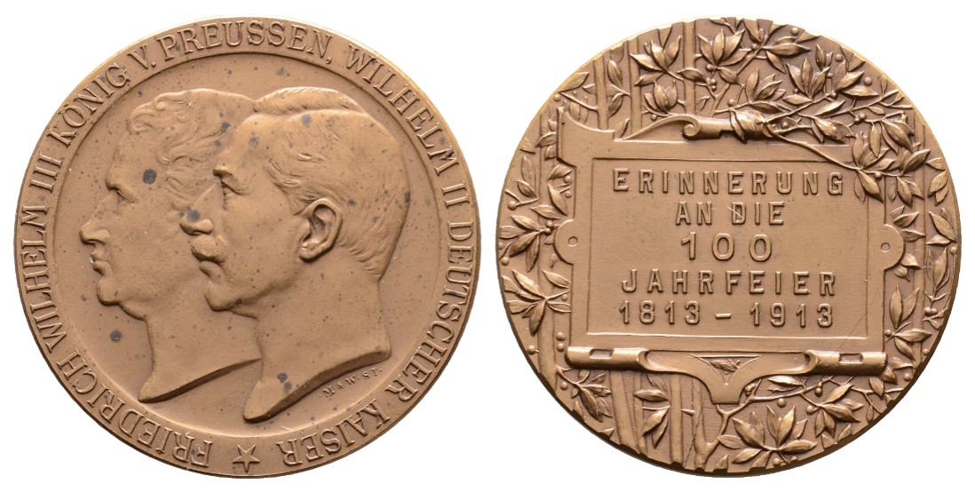 Linnartz Preussen, Bronzemed. 1913, 100 Jahrfeier Königreich, 39 mm, 25,7 Gr., kl. Flecken, vz vz   