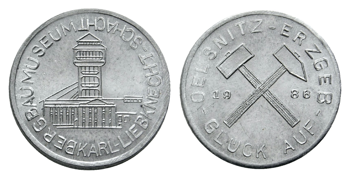  Oelsnitz, Bergbau-Medaille 1986; Aluminium, 1,69 g, Ø 20,5 mm   