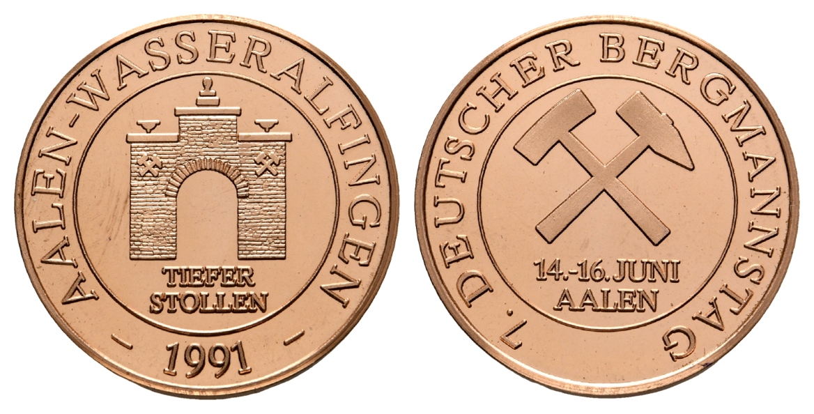  Aalen-Wasseralfingen, Bergbau-Medaille 1991; Kupfer, 12,38 g, Ø 30,2 mm   