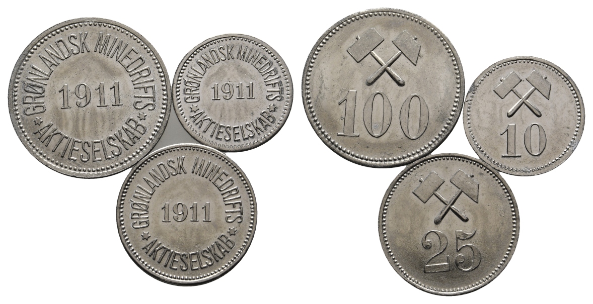  Grönland, Bergbau-Medaillen 1911 (3 Stück); Nickel, 2,73/ 1,11/ 2,10 g, Ø 23,9/ 17,8/ 20,4 mm   