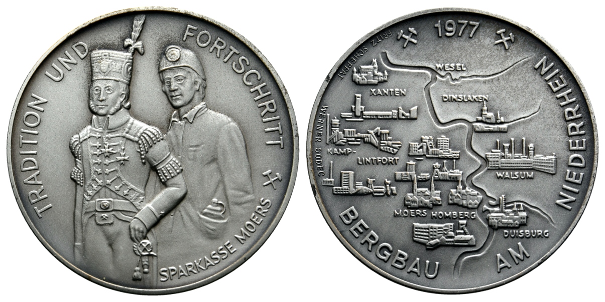  Moers, Bergbau-Medaille 1977; Tombak versilbert mattiert, 51,23 g, Ø 50,6 mm   