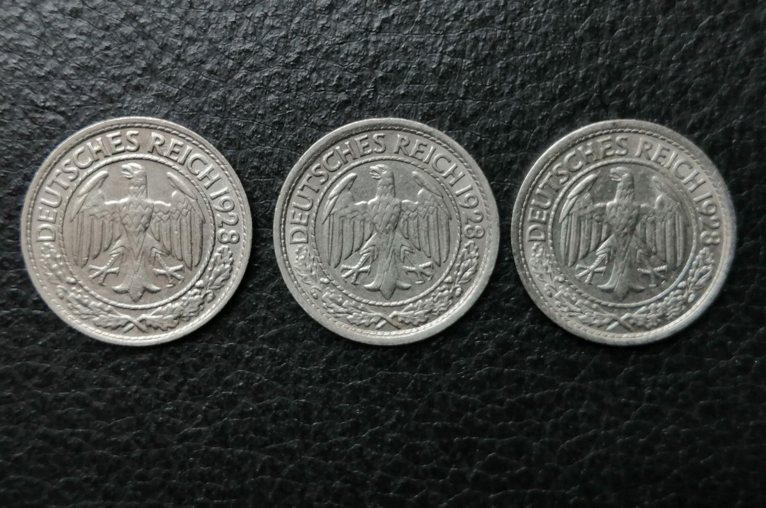  3x 50 Reichspfennig Nickel 1928 D,E,J Weimar Jaeger 324   