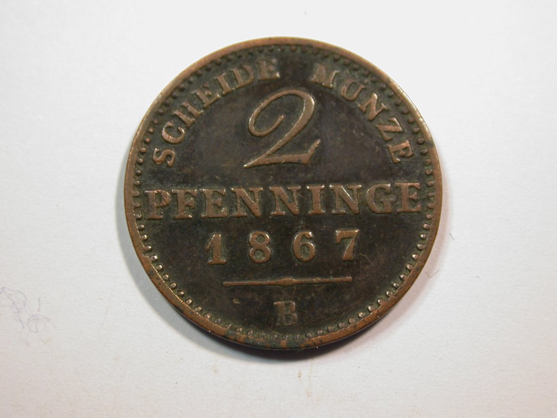 E23 Preussen 2 Pfennig 1867 B in ss+ Originalbilder
