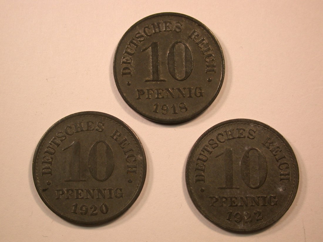  E04  KR Ersatzmünzen 3 x 10 Pfennig 1918, 1920 und 1922 besser   Originalbilder   