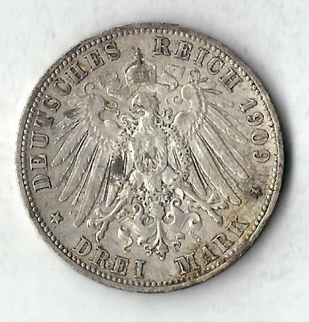  3 Mark Wuerttemberg 1909 in ss-vz J175 Goldankauf Koblenz Frank Maurer C323   