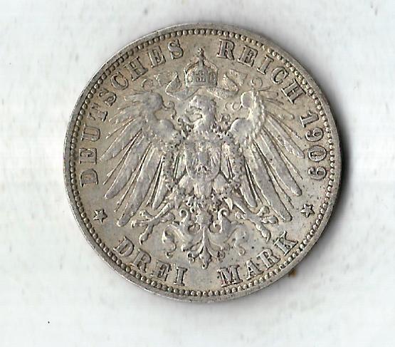  3 Mark Wuerttemberg 1909 in ss-vz J175 Goldankauf Koblenz Frank Maurer C324   