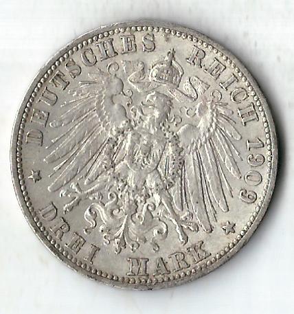  3 Mark Wuerttemberg 1909 in ss-vz J175 Goldankauf Koblenz Frank Maurer C325   