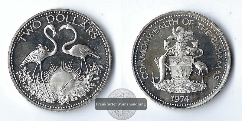  Bahamas,  2 Dollar  1974 Silver Proof Issue  FM-Frankfurt  Feinsilber: 27,57g   