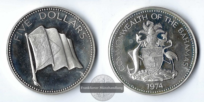  Bahamas,  5 Dollar  1974 Silver Proof Issue  FM-Frankfurt  Feinsilber: 38,96g   