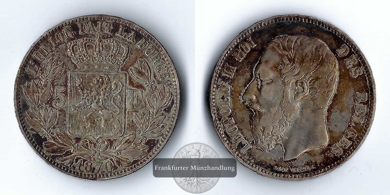  Belgien,  5 Francs   1870 Leopold II.  FM-Frankfurt Feinsilber: 22,5g   