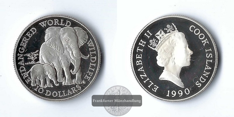  Cook Island,  10 Dollar  1990 Elephant with calf   FM-Frankfurt  Feinsilber: 9,25g   