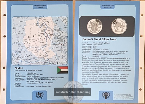  Sudan,  5 Pfund  1979 Jahr des Kindes FM-Frankfurt  Feinsilber: 17,98g   