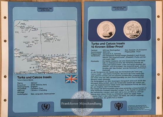  Turks- und Caicosinseln,  10 Crowns 1982 Jahr des Kindes FM-Frankfurt  Feinsilber: 21,53g   