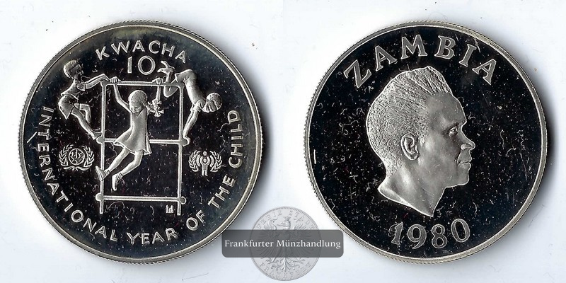  Sambia,  10 Kwacha 1980 Jahr des Kindes FM-Frankfurt  Feinsilber: 25,18g   