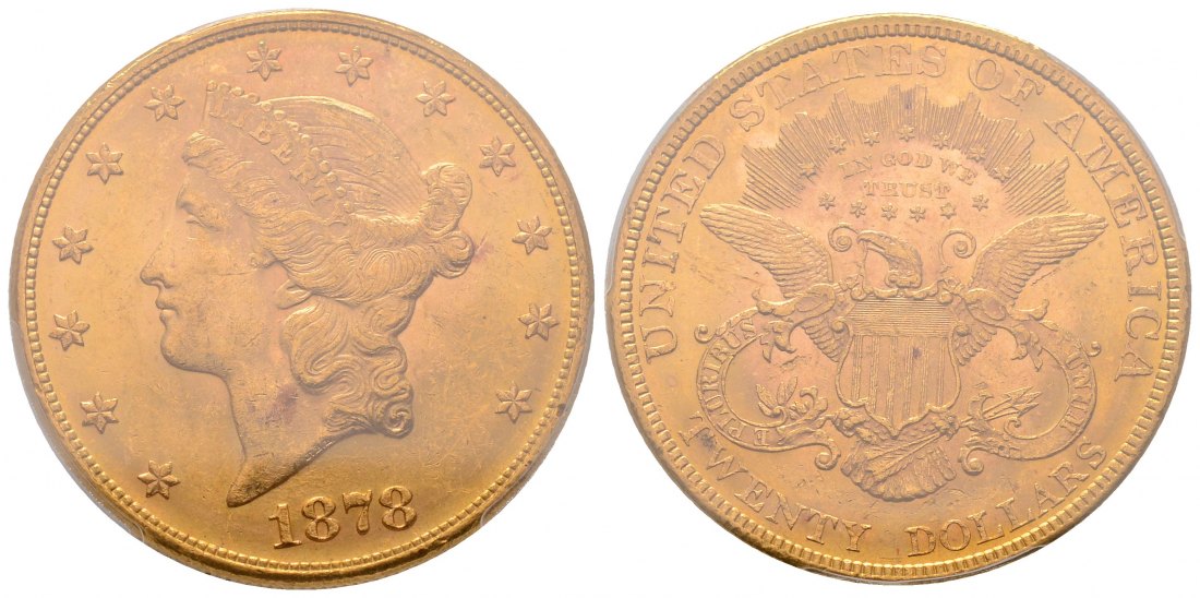 PEUS 4491 USA 30,1 g Feingold. Coronet Head 20 Dollars GOLD in Plastic-Holder 1878 PCGS-Bewertung MS62/Kl.Kratze Vorzüglich