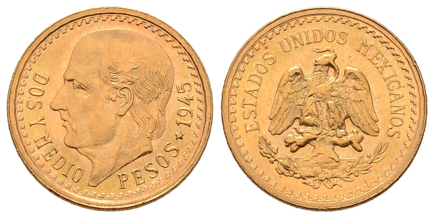 PEUS 4495 Mexiko 1,88 g Feingold. Miguel Hidalgo y Costilla 2 1/2 Pesos GOLD 1945 Stempelglanz