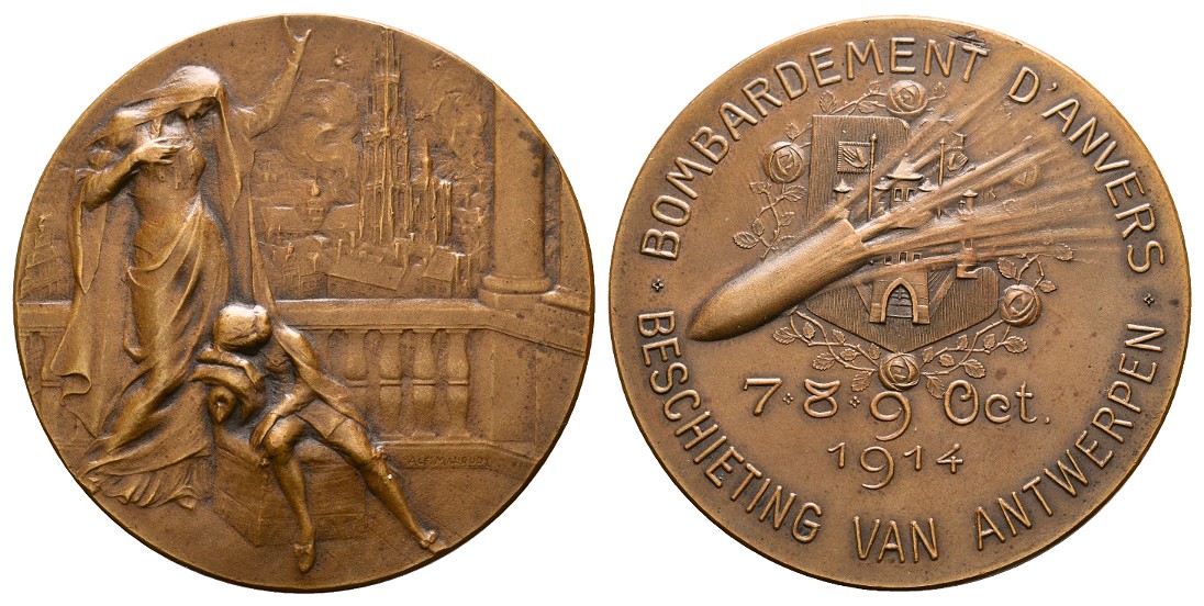  Linnartz 1. Weltkrieg, ANTWERPEN, Bronzemedaille, Beschiessung im Okt. 1914 , 50 mm, 47,5 Gr., vz-st   