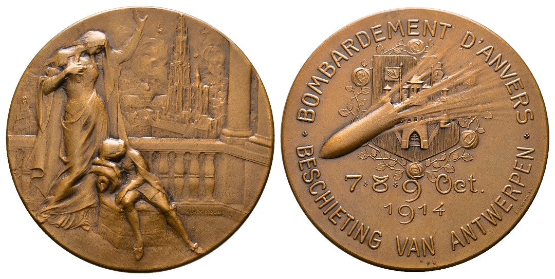  Linnartz 1. Weltkrieg, ANTWERPEN, Bronzemedaille, Beschiessung im Okt. 1914 , 50 mm, 55,2 Gr., f.st   