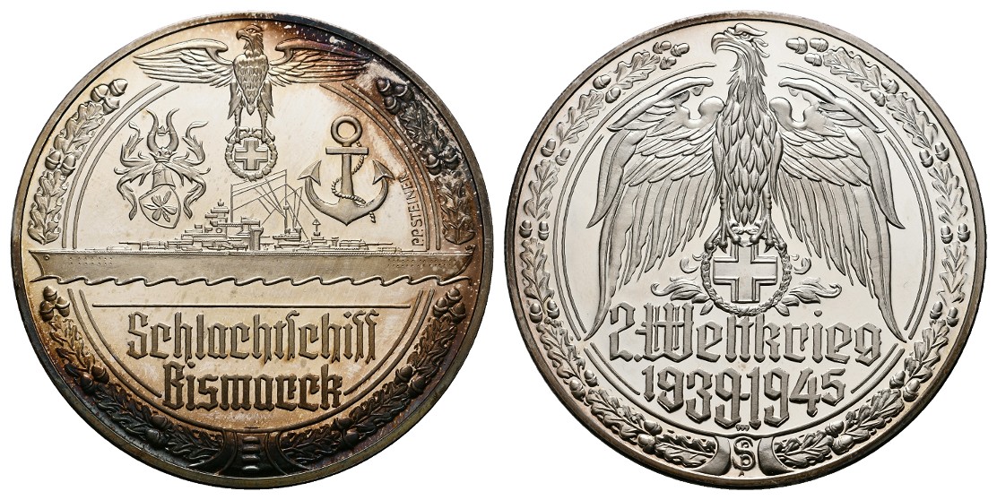  Linnartz 2. Weltkrieg Feinsilbermedaille o.J.,SCHLACHTSCHIFF - BISMARCK,34,8/fein, 50 mm PP   
