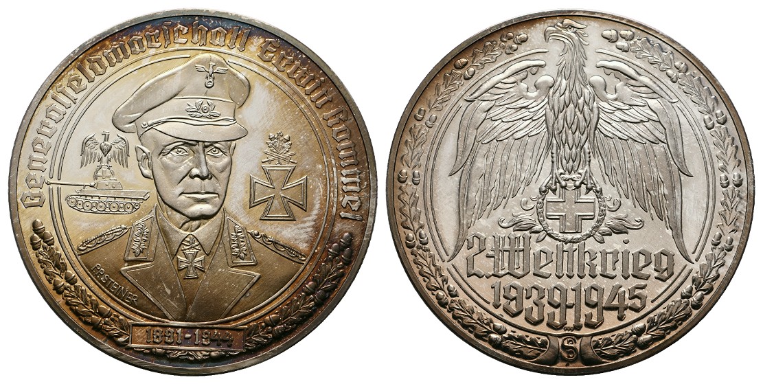  Linnartz 2. Weltkrieg Silbermedaille, Generalfeldmarschall Rommel, 34,8/fein, 50 mm, PP   