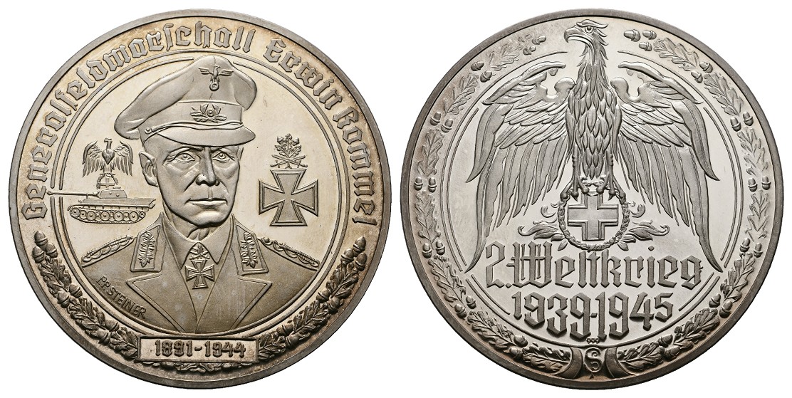 Linnartz 2. Weltkrieg Silbermedaille, Generalfeldmarschall Rommel, 34,8/fein, 50 mm, PP   