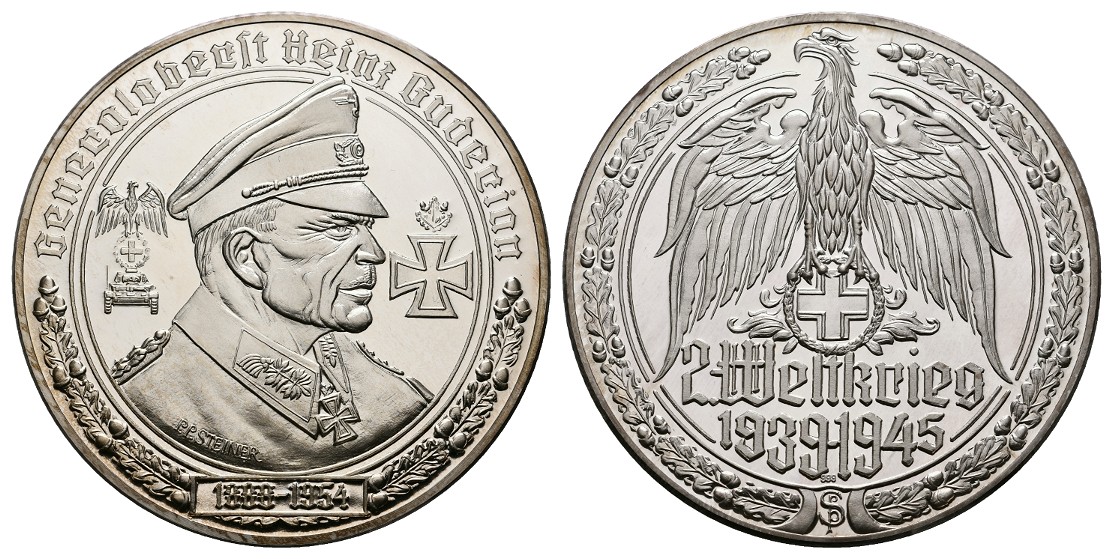  Linnartz 2. Weltkrieg Silbermedaille, Generaloberst Heinz Guderian, 35/fein, 50 mm, PP   