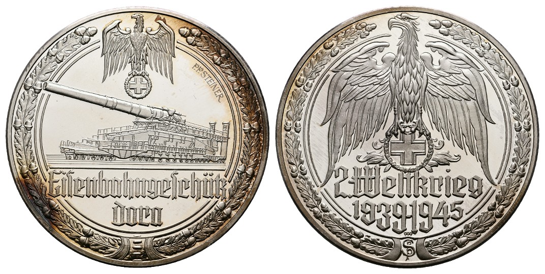  Linnartz 2. Weltkrieg Feinsilbermedaille,Eisenbahngeschütz - Dorn,35/fein, 50 mm, PP   