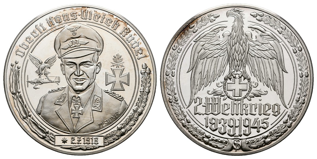  Linnartz 2. Weltkrieg Silbermedaille, Oberst Hans Ulrich Rudel, 34,6/fein, 50 mm, PP   
