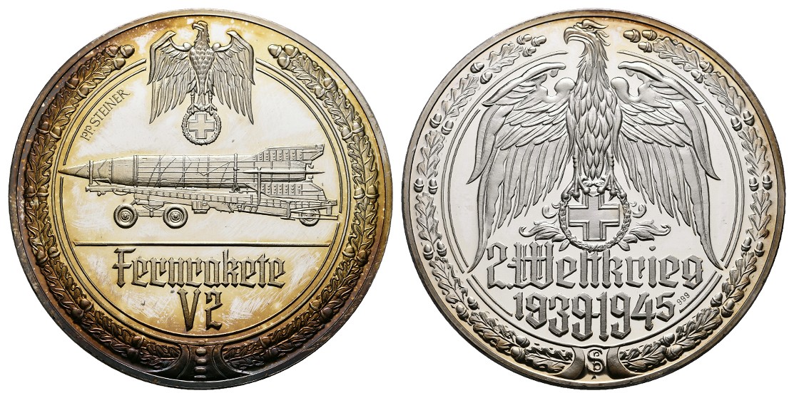  Linnartz 2. Weltkrieg Silbermedaille, Fernrakete - V2 , 34,5/fein, 50 mm, PP   
