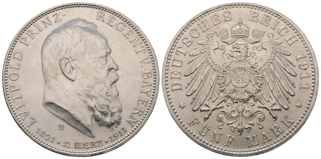 PEUS 4504 Bayern - Kaiserreich 90. Geburtstag + 25. Regierungsjubiläum. Prinz Luitpold (1886 -1912) 5 Mark 1911 D Mini Randfehler, Vorzüglich / Stempelgla