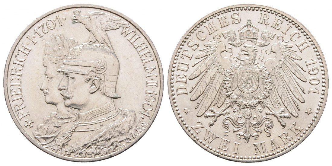 PEUS 4515 Kaiserreich - Preußen 200jähriges Jubiläum. Friedrich I. + Wilhelm II. 2 Mark 1901 A Kl. Kratzer, Vorzüglich / Stempelglanz