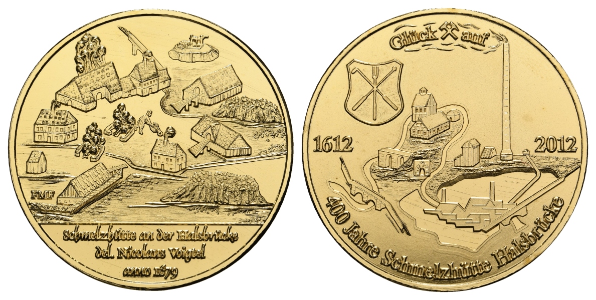  Freiberg, Bergbau-Medaille 2012; Kupfer vergoldet, 26 g, Ø 40 mm, Stempelglanz   