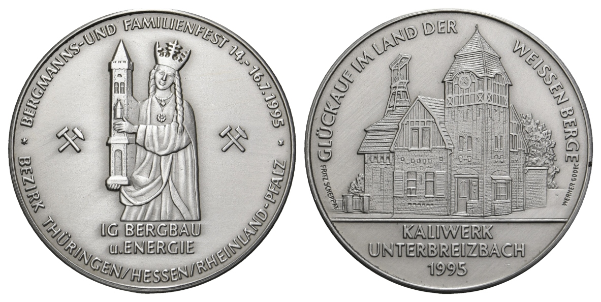  Freiberg, Bergbau-Medaille 1995; 999 AG, 24,8 g, Ø 40 mm, Randpunze   
