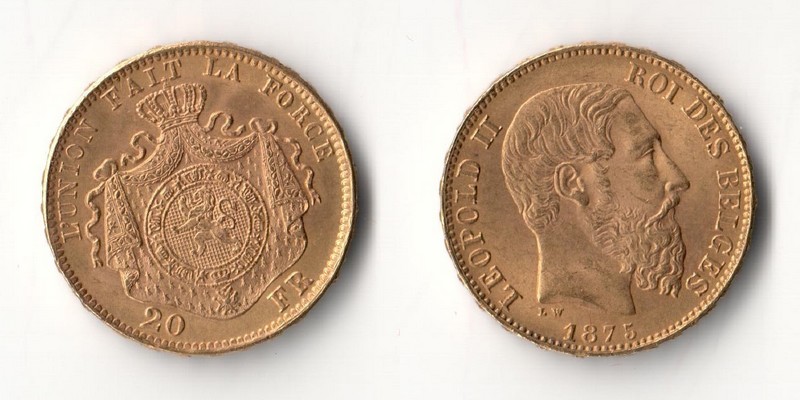 Belgien  20 Francs MM-Frankfurt Feingold: 5,81g Leopold II. 1865-1909 1875 