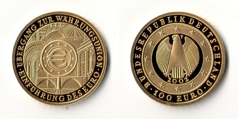 BRD  100 Euro MM-Frankfurt  Feingold: 15,5g Einführung des Euro 2002 F 
