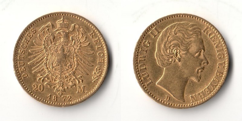 Bayern, Kaiserreich  20 Mark MM-Frankfurt Feingold: 7,17g Ludwig II. 1864-1886 1872 D 