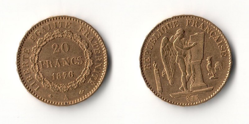 Frankreich MM-Frankfurt Feingold: 5,81g 20 Francs 1876 A 