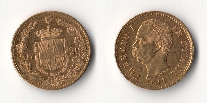 Italien, 20 Lire MM-Frankfurt Feingold: 5,81g Umberto I. (1878 - 1900) 1882 