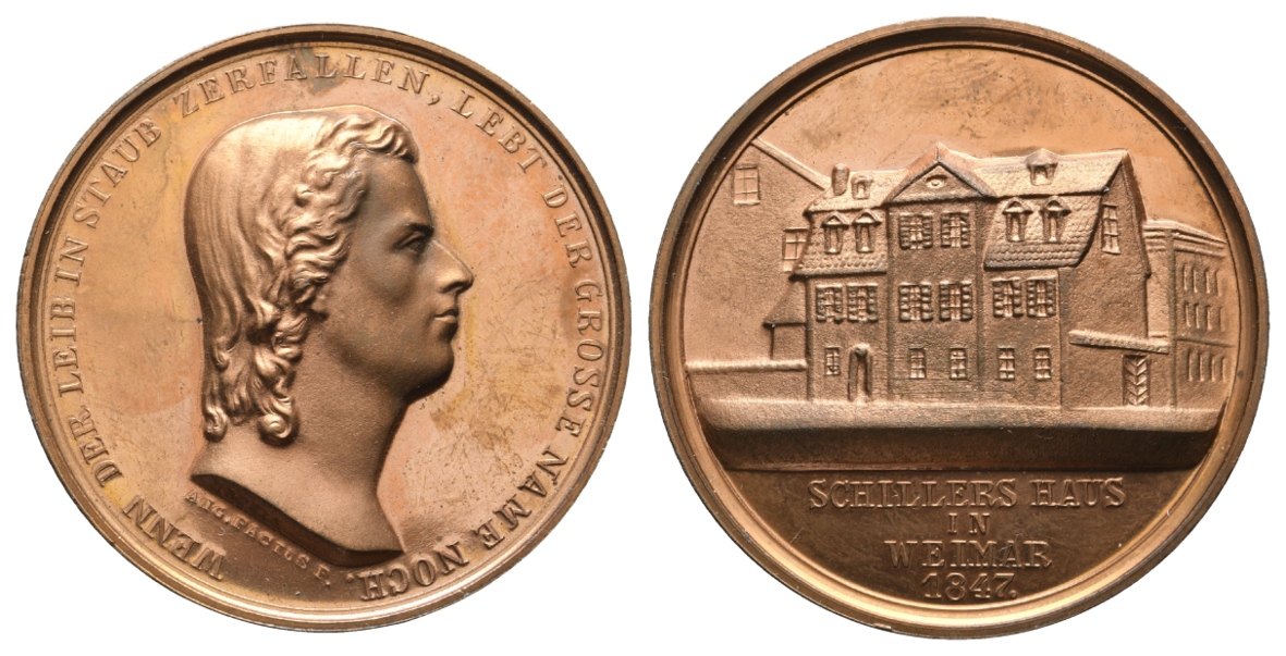  Weimar-Schillers Haus, Medaille 1847; moderne Nachbildung; Kupfer, 29,7 g, Ø 42 mm   