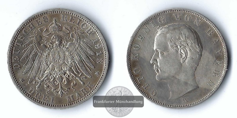  Bayern, Kaiserreich  3 Mark  1913 D  Otto   FM-Frankfurt   Feinsilber: 15g   