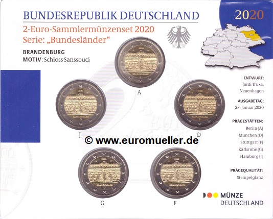 Deutschland 5x 2 Euro Gedenkmünze 2020...bu...Brandenburg   