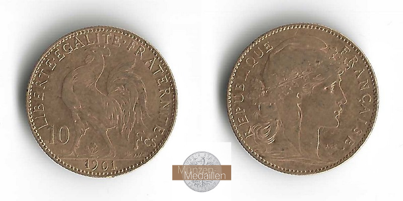 Frankreich  10 Francs MM-Frankfurt Feingold: 2,9g Marianne 1901 