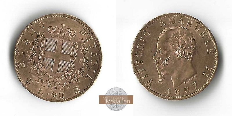 Italien MM-Frankfurt  Feingold: 5,81g 20 Lire 1867 