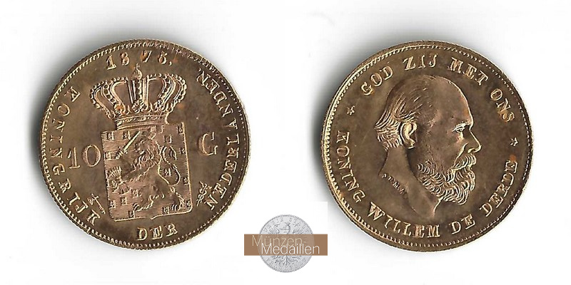 Niederlande MM-Frankfurt Feingold: 6,06g 10 Gulden 1875 König Willem III.