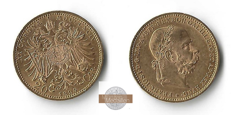Österreich MM-Frankfurt  Feingold: 6,10g 20 Kronen 1894 